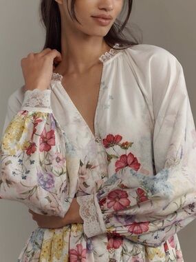 Anthropologie Let Me Be Long-Sleeve V-Neck Floral A-Line Midi Dress